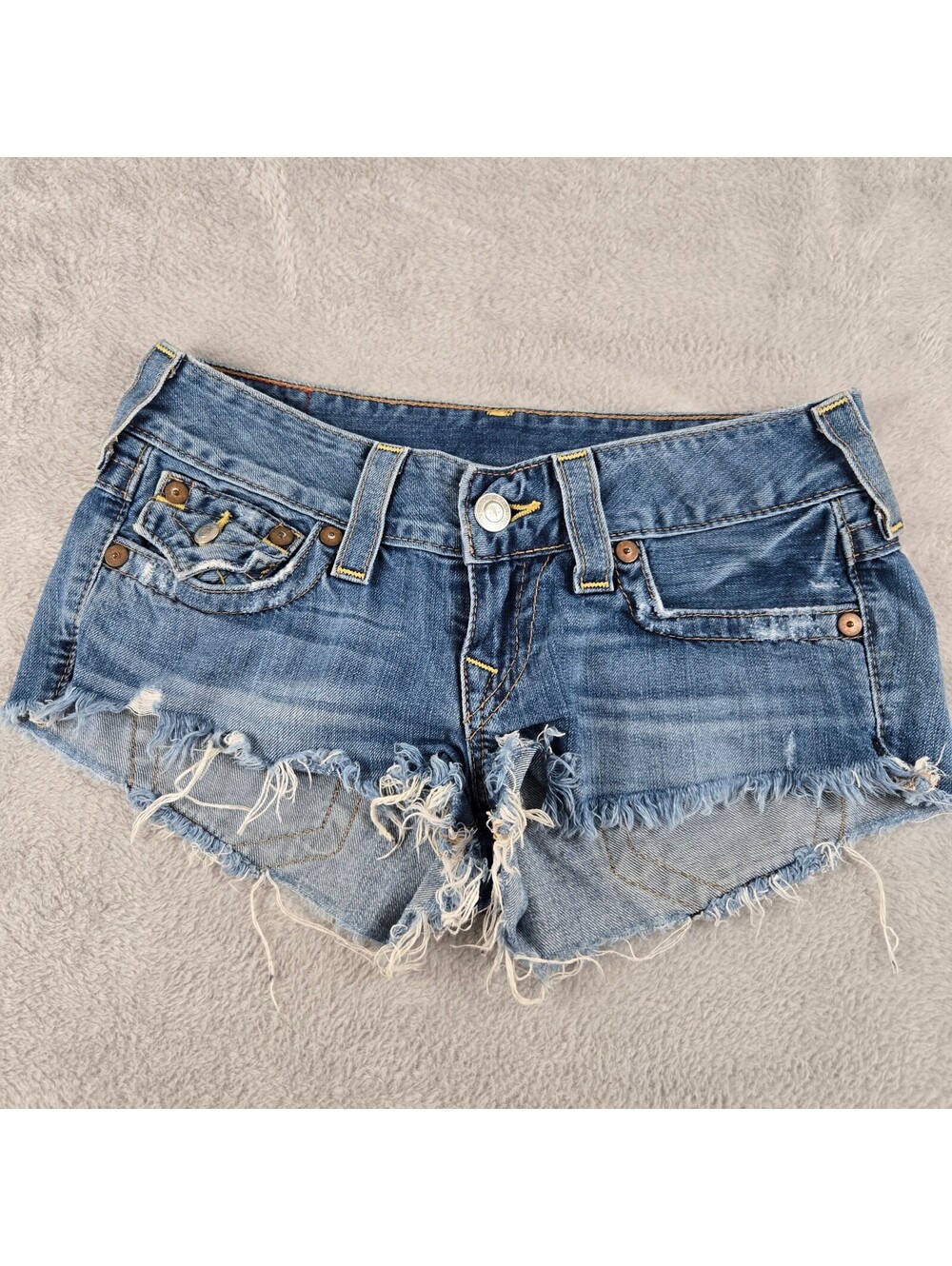 True Religion Joey Cut Off Womens Shorts Size 27 Distressed Frayed Y2K Low Rise